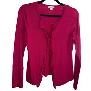 Garnet Hill Womens Pink Merino Wool Button‎ Front Ruffle Cardigan Sweater Size S